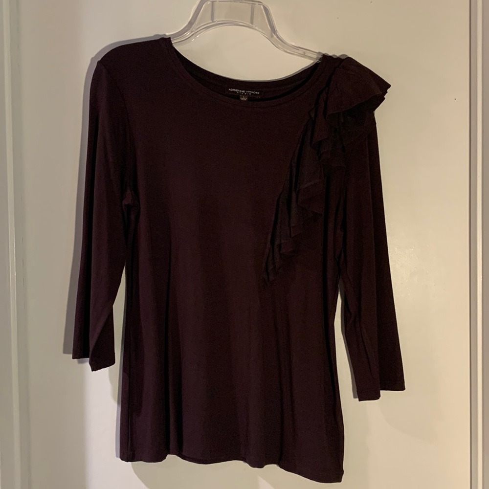 ADRIENNE VITTADINI STUDIO Soft stretch dark brown top  3/4 sleeves ruffle detail